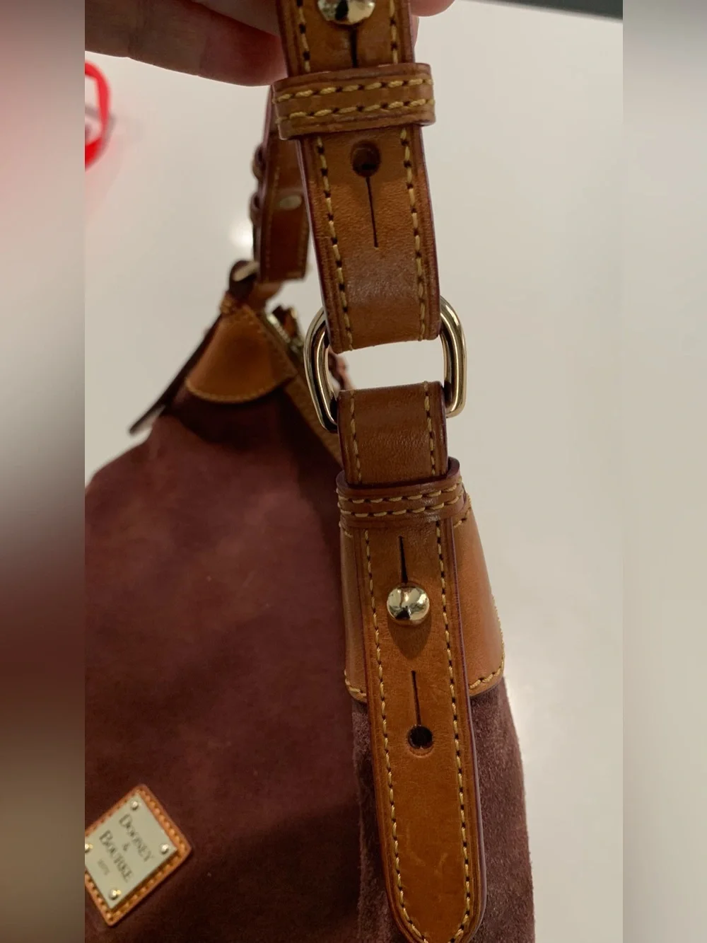 Dooney & Bourke Suede Leather Shoulder Hobo Bag, Brown Wine Slouch Tan Trim - Picture 14 of 14